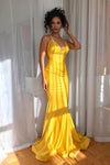 Gold Mermaid Long Evening Dresses Fishtail Formal Ruffles Lady Gown