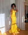 Gold Mermaid Long Evening Dresses Fishtail Formal Ruffles Lady Gown