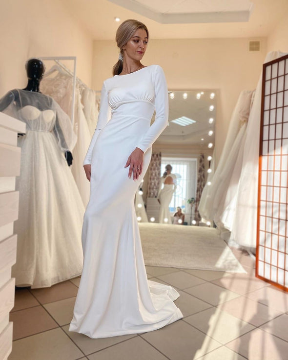 Simple Satin Long Sleeves Wedding Dress 2021