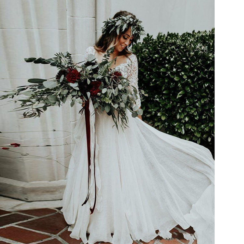 Boho Wedding Dress Long Sleeves Two pieces Bridal dresses – TANYA BRIDAL