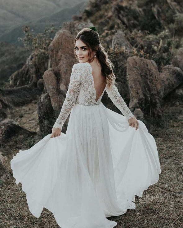 Elegant Lace Beach Wedding Dresses with Long Sleeves TANYA BRIDAL Elegant Lace Beach Wedding Dresses with Long Sleeves TANYA BRIDAL