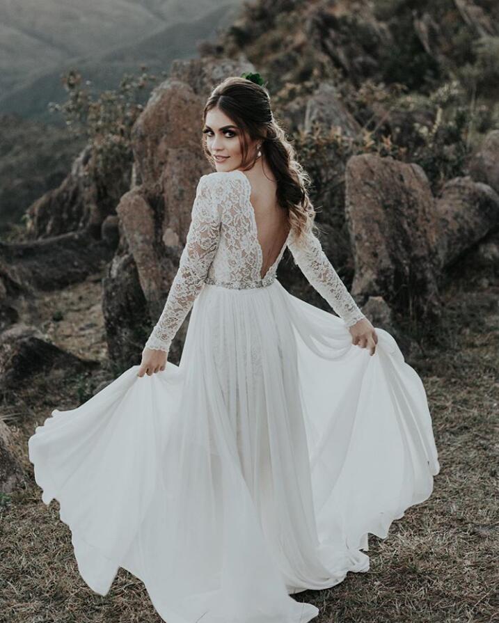 Elegant Lace Beach Wedding Dresses with Long Sleeves – TANYA BRIDAL