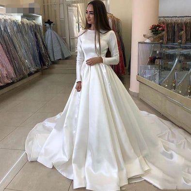 Princess Satin Long Sleeve Muslim Wedding Bride Dresses
