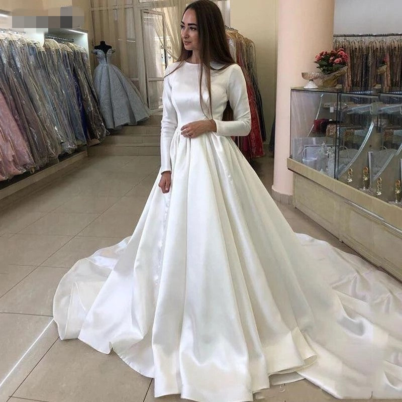 Princess Satin Long Sleeve Muslim Wedding Bride Dresses – TANYA BRIDAL