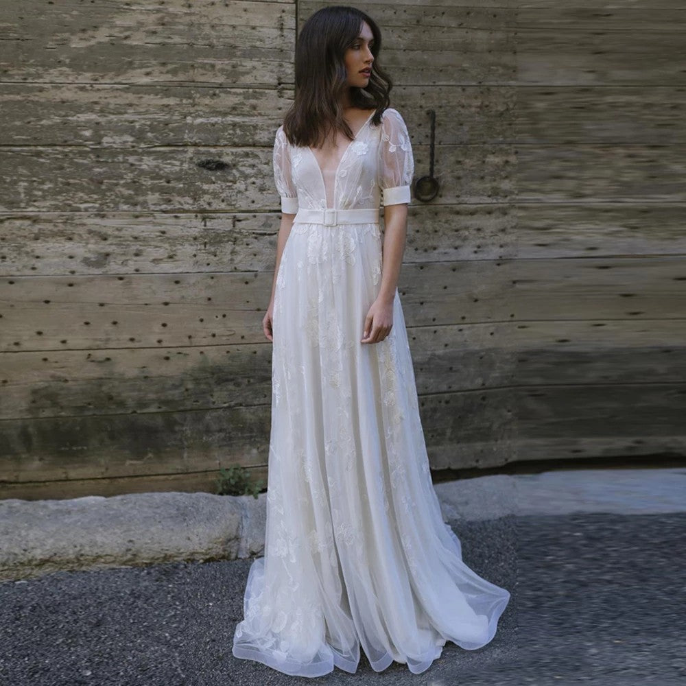 For Groom Engagement Type Dress Short Sleeve Beach Boho Lace Wedding Dresses TANYA BRIDAL For Groom Engagement Type Dress Short Sleeve Beach Boho Lace Wedding Dresses TANYA BRIDAL