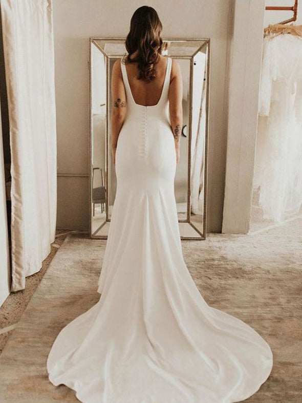 Soft Stain Long Train Spaghetti Strap Boho Wedding Dress Mermaid