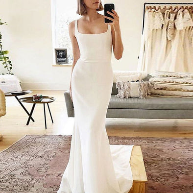 Soft Stain Long Train Spaghetti Strap Boho Wedding Dress Mermaid