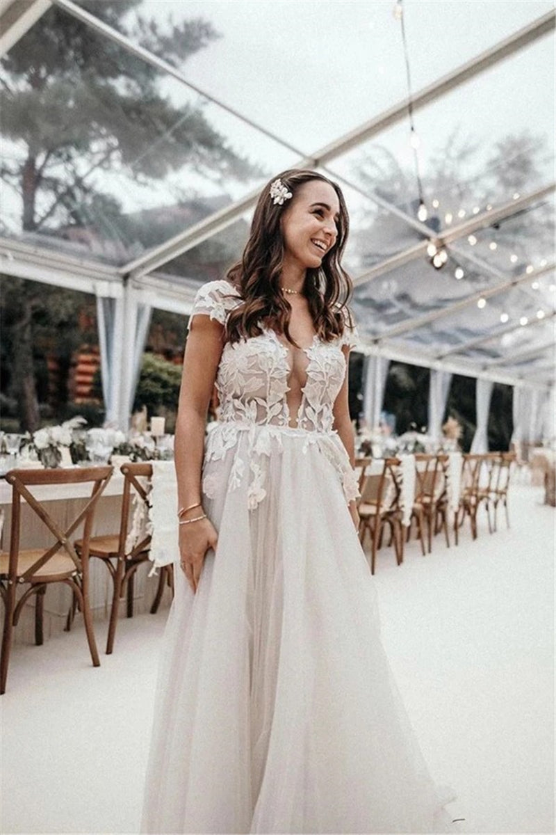 Wedding Dresses Lace Appliqued Boho Bridal Gown Beach V-neck Backless TANYA BRIDAL Wedding Dresses Lace Appliqued Boho Bridal Gown Beach V-neck Backless TANYA BRIDAL