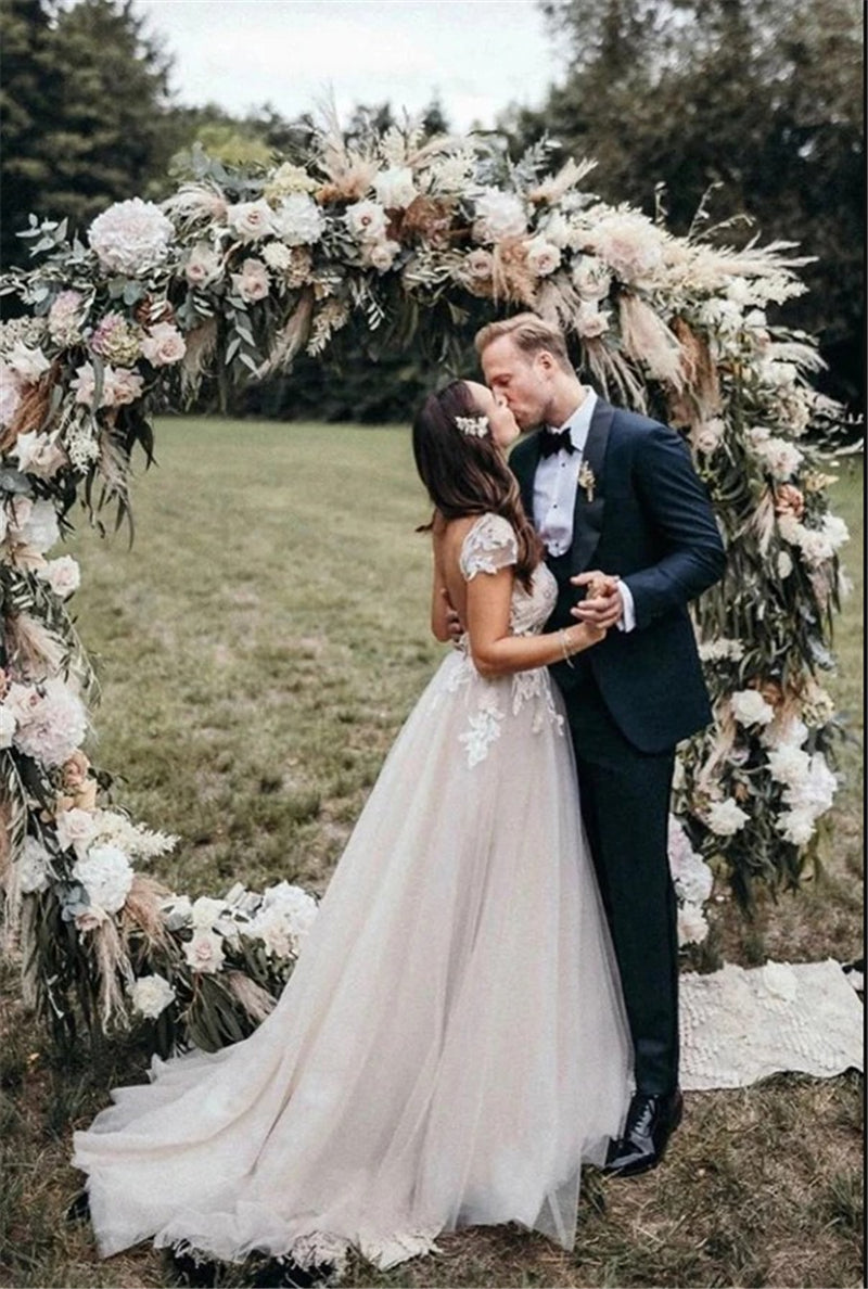 Wedding Dresses Lace Appliqued Boho Bridal Gown Beach V-neck Backless TANYA BRIDAL Wedding Dresses Lace Appliqued Boho Bridal Gown Beach V-neck Backless TANYA BRIDAL