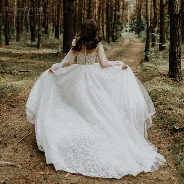 Lace A Line Wedding Dresses Beaded V-Neck Long Sleeve Bridal Gowns Luxury Country Vestido De Noivas DW243