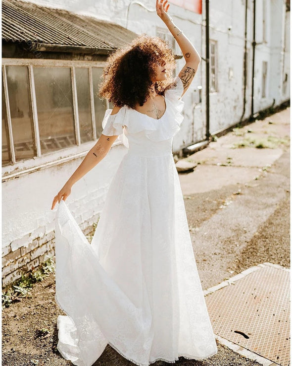 V-Neck Boho Charming Bridal Gowns Ruffles DW545