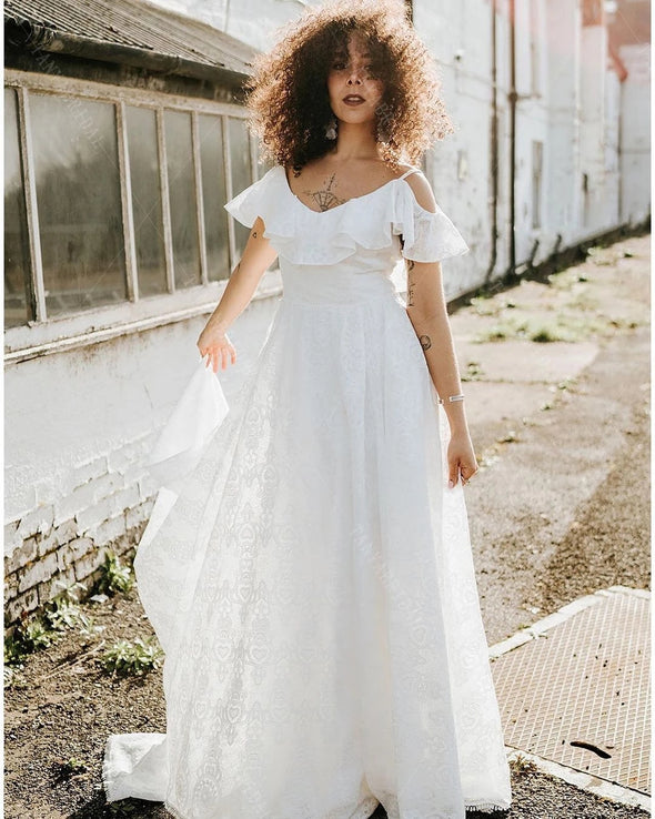 V-Neck Boho Charming Bridal Gowns Ruffles DW545
