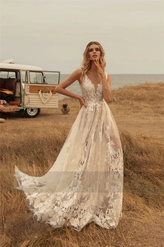 Lace Boho Wedding Dresses V Neck Backless 218171408 – TANYA BRIDAL