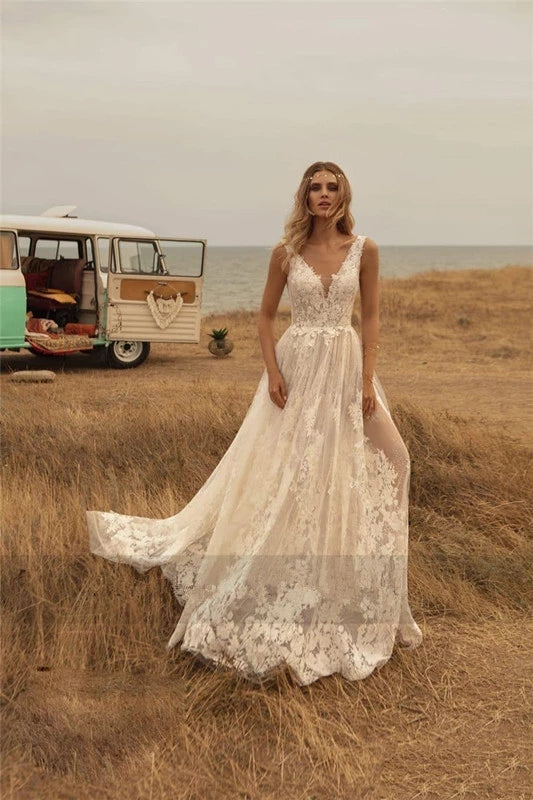 Lace Boho Wedding Dresses V Neck Backless 218171408