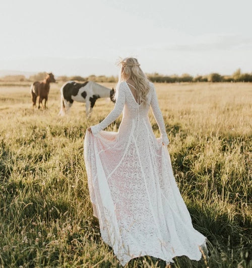 Lace Long Sleeve Wedding Dresses V-Neck Backless Charming Engagement Noivas DW537