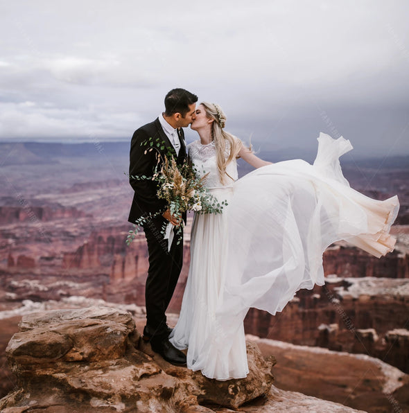 Lace Top Chiffon Wedding Dresses A Line Simple Elegant Bridal Gowns