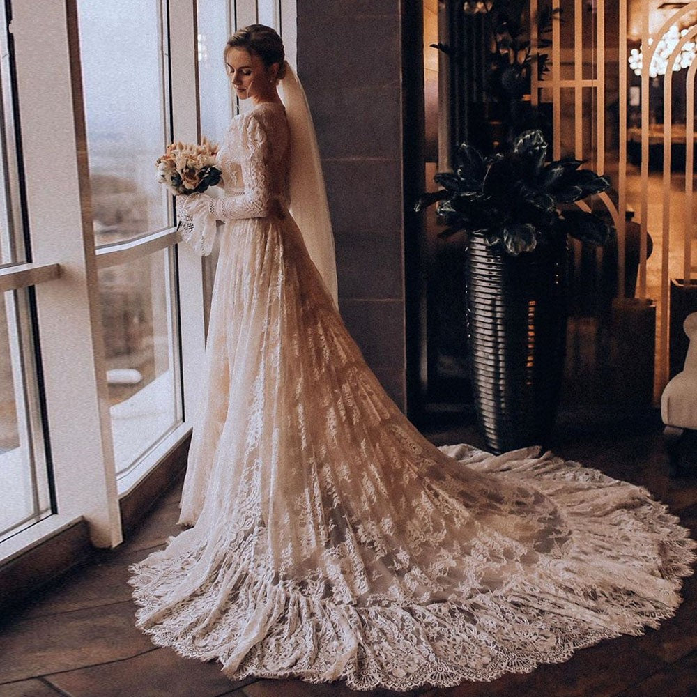 Lace Long Sleeve Luxury Long Train Beauty Noivas Wedding Dresses DW385 - Lace Long Sleeve Luxury Long Train Beauty Noivas Wedding Dresses DW385 -