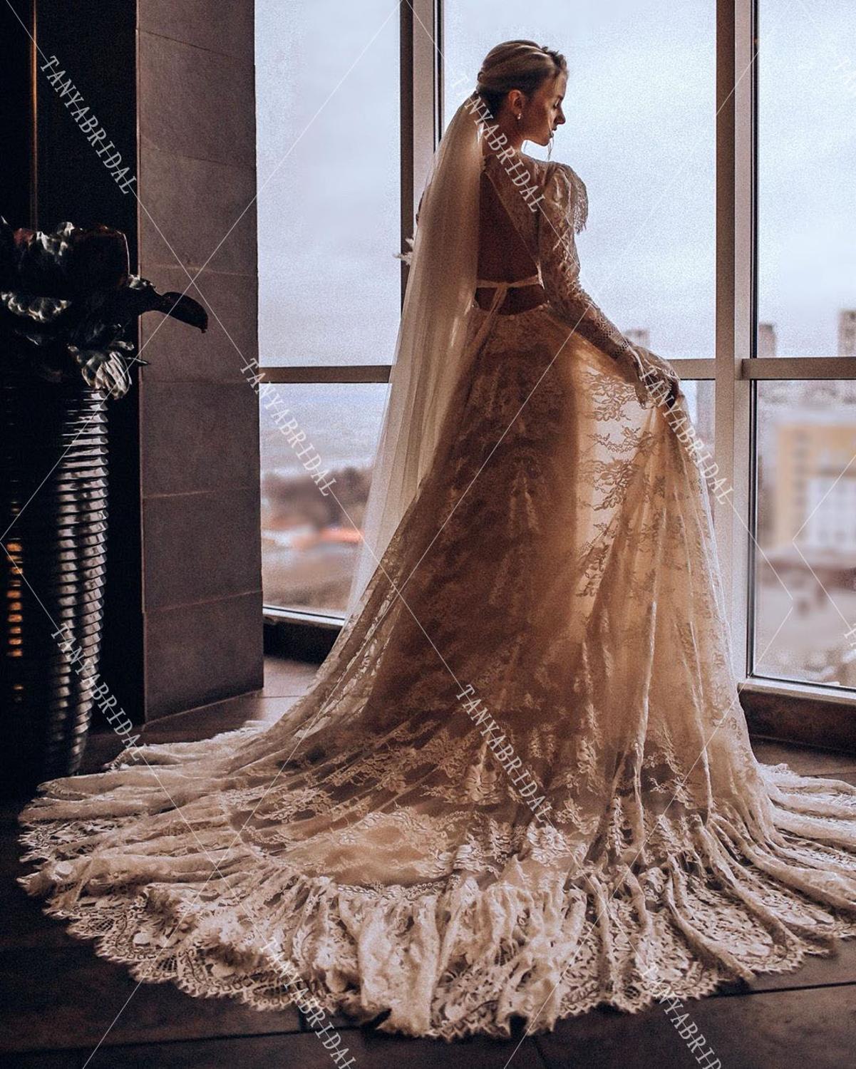 Lace Long Sleeve Luxury Long Train Beauty Noivas Wedding Dresses DW385 TANYA BRIDAL Lace Long Sleeve Luxury Long Train Beauty Noivas Wedding Dresses DW385 TANYA BRIDAL