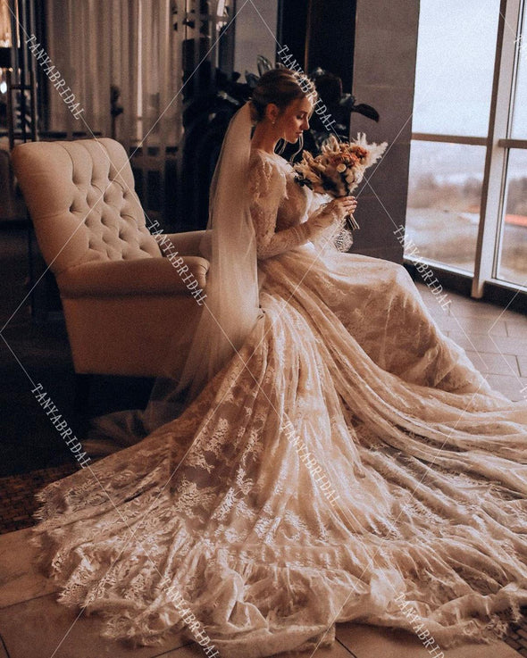 Lace Long Sleeve Luxury Long Train Beauty Noivas Wedding Dresses DW385