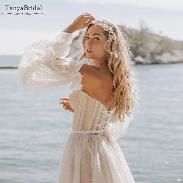 Lantern Sleeve Dot Tulle Wedding Dresses Romantic Boho Vestido de Noivas DW479