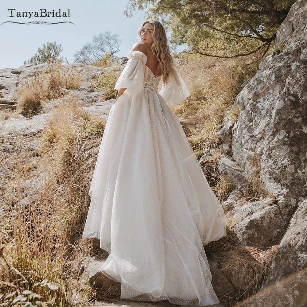 Lantern Sleeve Dot Tulle Wedding Dresses Romantic Boho Vestido de Noiv TANYA BRIDAL Lantern Sleeve Dot Tulle Wedding Dresses Romantic Boho Vestido de Noiv TANYA BRIDAL