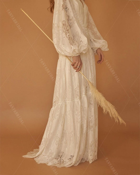 Lantern Sleeve Lace Wedding Dresses Vestido De Noiva Chic DW552