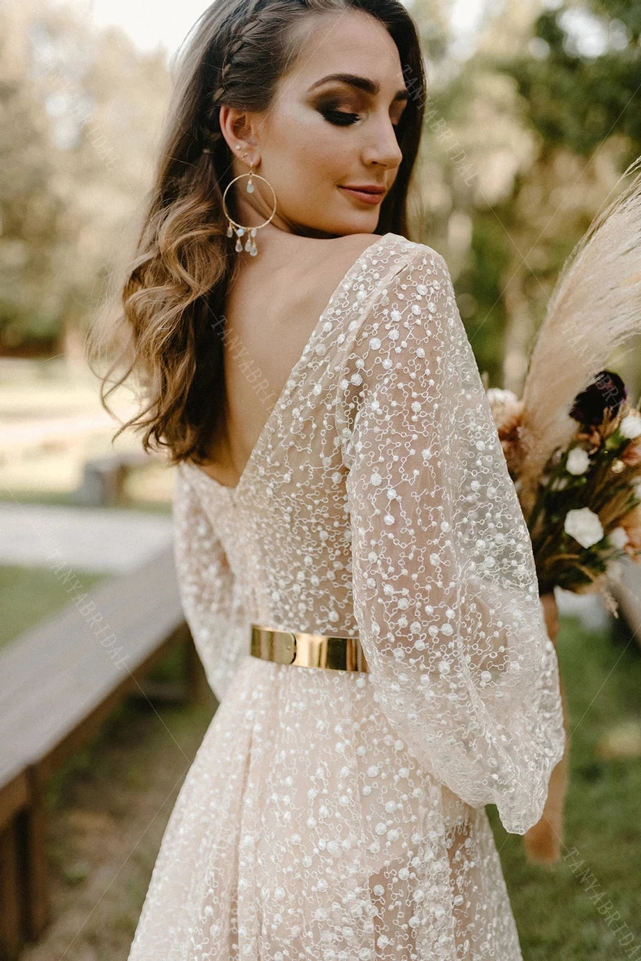 Lantern Sleeve Lace V-Neck High Split Boho Wedding Dresses DW488 TANYA BRIDAL Lantern Sleeve Lace V-Neck High Split Boho Wedding Dresses DW488 TANYA BRIDAL