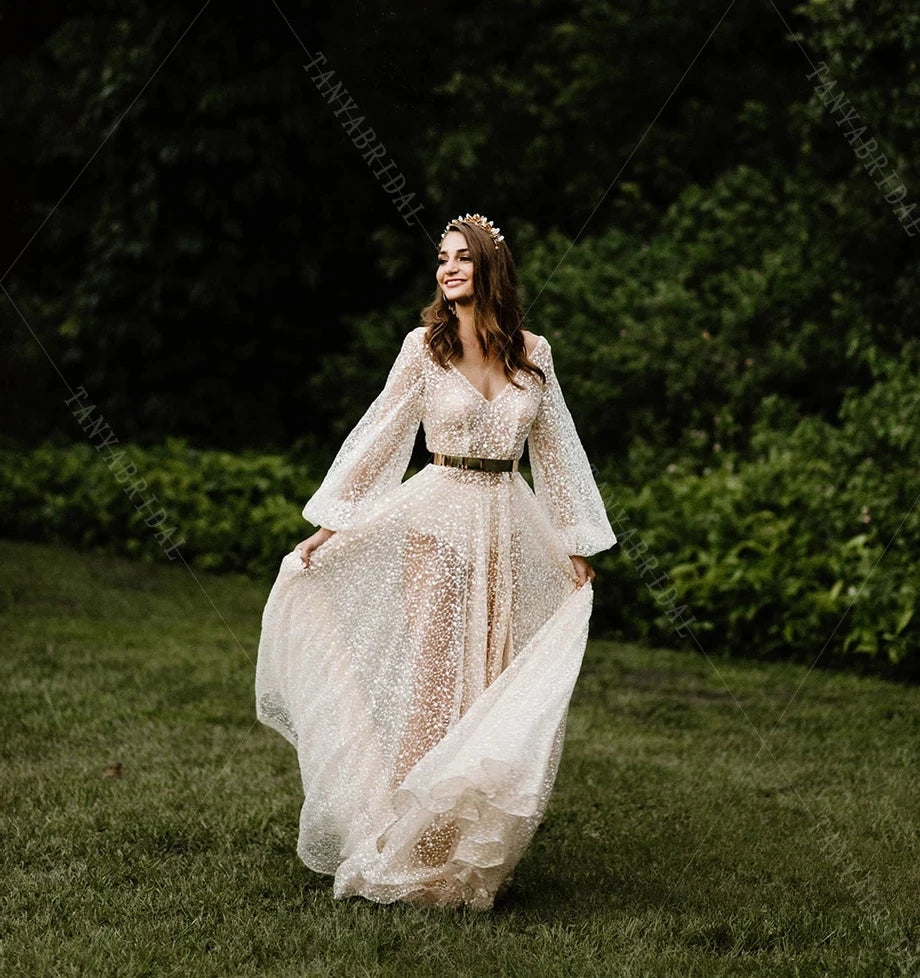 Lantern Sleeve Lace V-Neck High Split Boho Wedding Dresses DW488 – TANYA BRIDAL Lantern Sleeve Lace V-Neck High Split Boho Wedding Dresses DW488 – TANYA BRIDAL