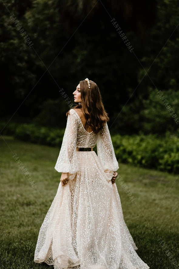 Lantern Sleeve Lace V-Neck High Split Boho Wedding Dresses DW488