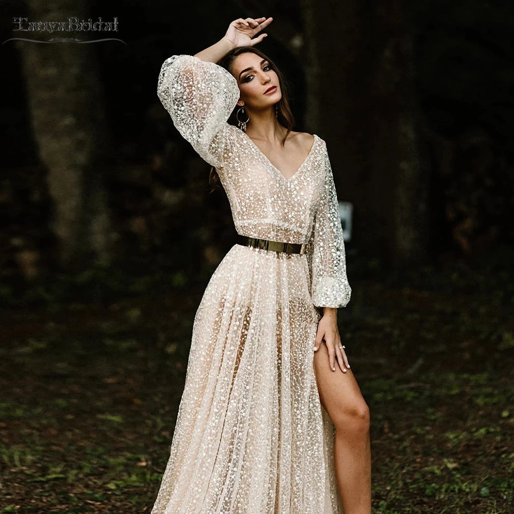 Boho Style Boho Split Long Dress Lantern Sleeve Lace V-Neck High Split Boho Wedding Dresses DW488 Boho Style Boho Split Long Dress Lantern Sleeve Lace V-Neck High Split Boho Wedding Dresses DW488