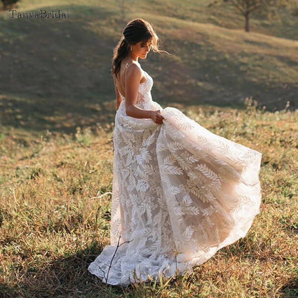 Leaf Lace A Line Wedding Dresses Nude Lining Boho Romantic Bridal Gowns DW506