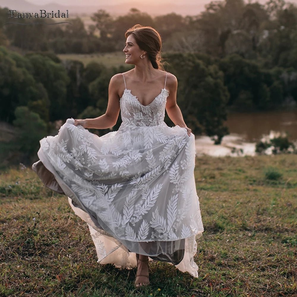 Leaf Lace A Line Wedding Dresses Nude Lining Boho Romantic Bridal Gowns DW506 Leaf Lace A Line Wedding Dresses Nude Lining Boho Romantic Bridal Gowns DW506