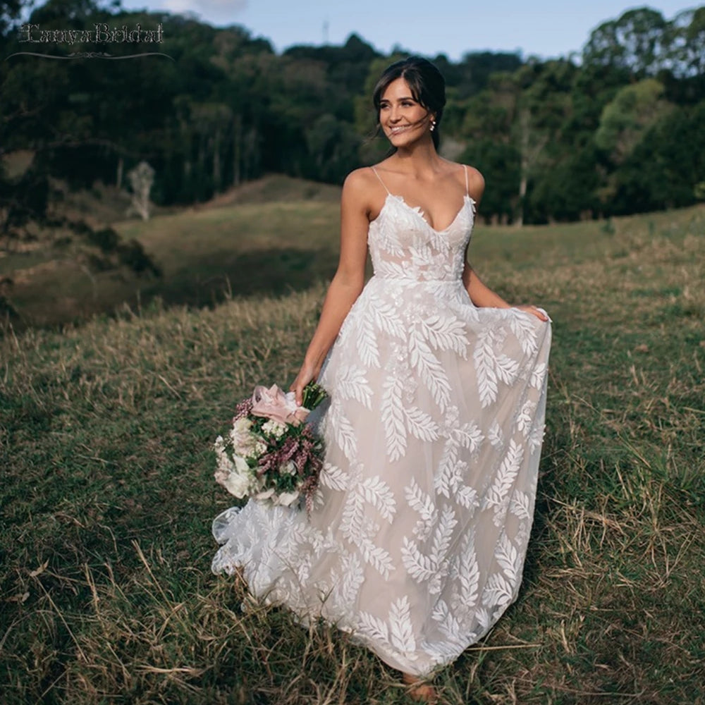 Leaf Lace A Line Wedding Dresses Nude Lining Boho Romantic Bridal Gowns DW506 - Leaf Lace A Line Wedding Dresses Nude Lining Boho Romantic Bridal Gowns DW506 -