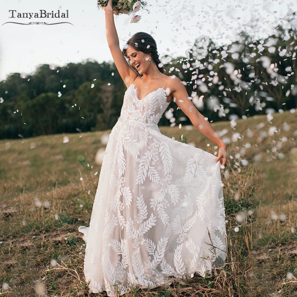 Leaf Lace A Line Wedding Dresses Nude Lining Boho Romantic Bridal Gown TANYA BRIDAL Leaf Lace A Line Wedding Dresses Nude Lining Boho Romantic Bridal Gown TANYA BRIDAL