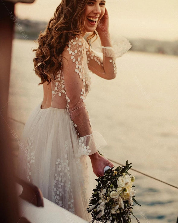 Leaf Lace Bohemian Wedding Dresses Full Sleeve robe de soriee ZW505