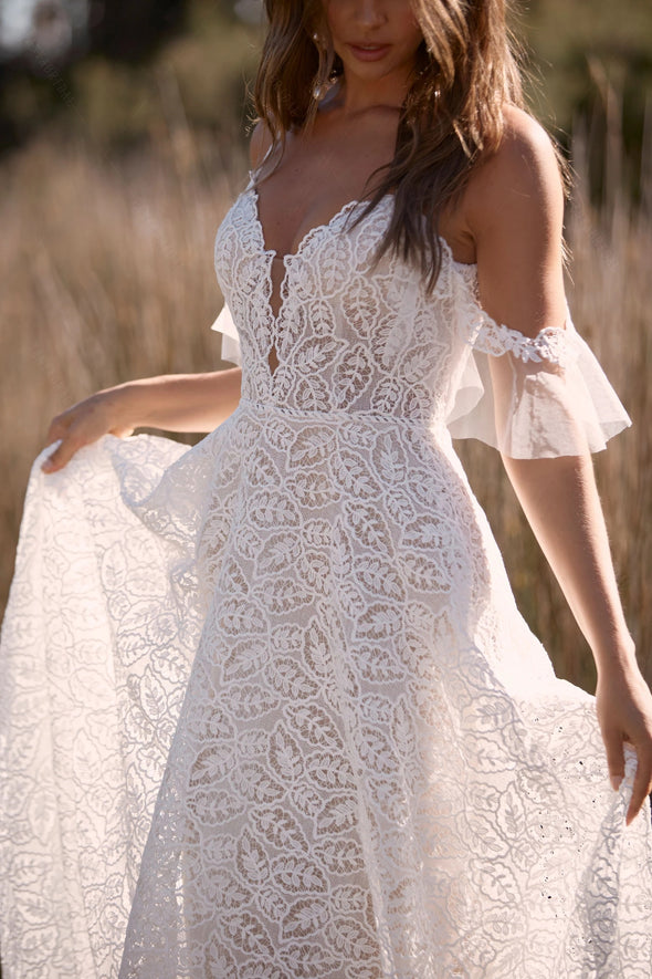 beach wedding dress champagne A-line Sweetheart Applique Rustic Beach Wedding Dresses Champagne Brid SELINADRESS