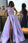 Lilac Long Prom Dresses with Beading Cap Sleeves Slit Evening Dress TB1354