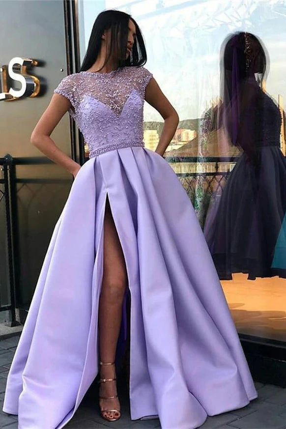 Lilac Long Prom Dresses with Beading Cap Sleeves Slit Evening Dress TB1354 - Lilac Long Prom Dresses with Beading Cap Sleeves Slit Evening Dress TB1354 -