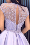 Lilac Long Prom Dresses with Beading Cap Sleeves Slit Evening Dress TB1354