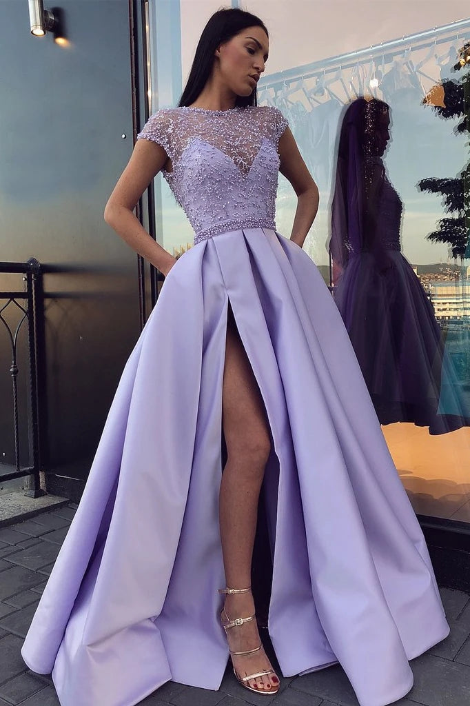 Lilac Long Prom Dresses with Beading Cap Sleeves Slit Evening Dress TB – TANYA BRIDAL