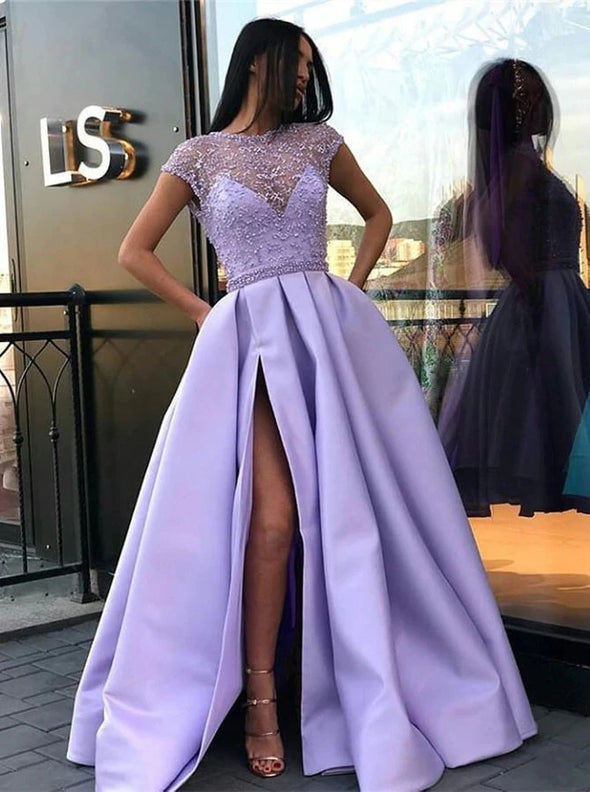 Lilac Long Prom Dresses with Beading Cap Sleeves Slit Evening Dress TB1354