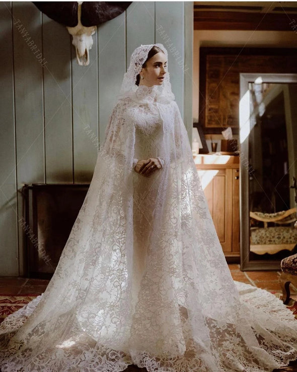 Lace Wedding Cape With Hood 2m Length Romantic Bridal Wrap Shawl ZJ025