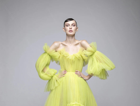 Lime Yellow Plisse Tulle Removeable Sleeves Chic DG046