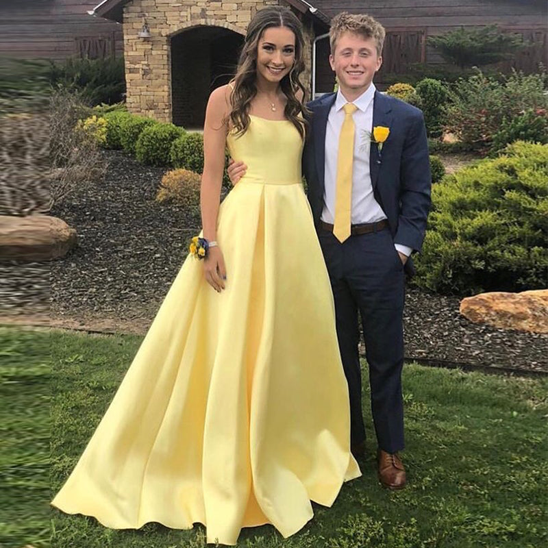Long Prom Dresses Spaghetti Straps Yellow Satin Simple Formal