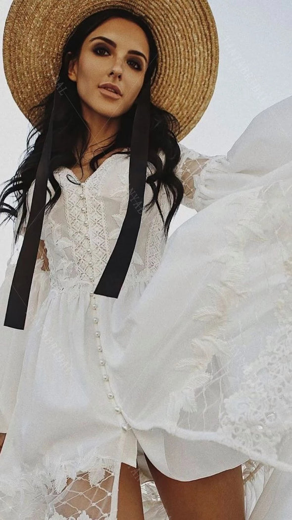 Long Puff Sleeve Boho Wedding Dresses Vestido de Noivas DW598
