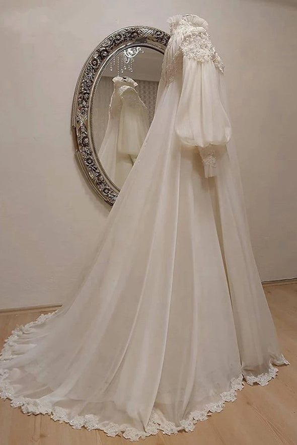 Long Sleeve Chiffon Beaded Embroidery Muslim Dubai Wedding Dresses