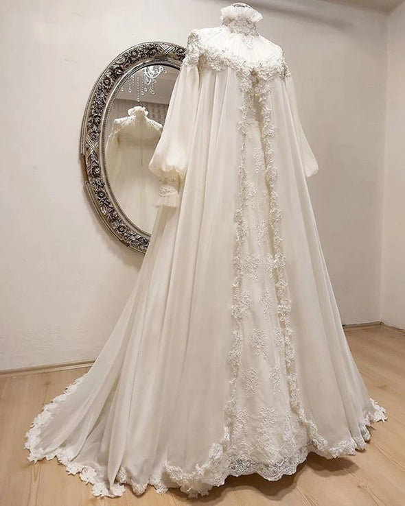 Long Sleeve Chiffon Beaded Embroidery Muslim Dubai Wedding Dresses