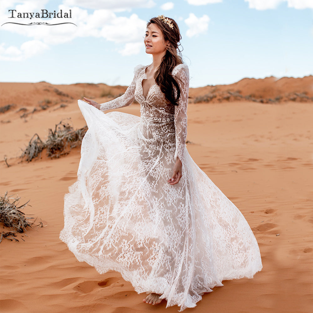 Long Sleeve V-Neck Romantic Boho Bridal Gowns A Line Noivas ZW878 – TANYA  BRIDAL