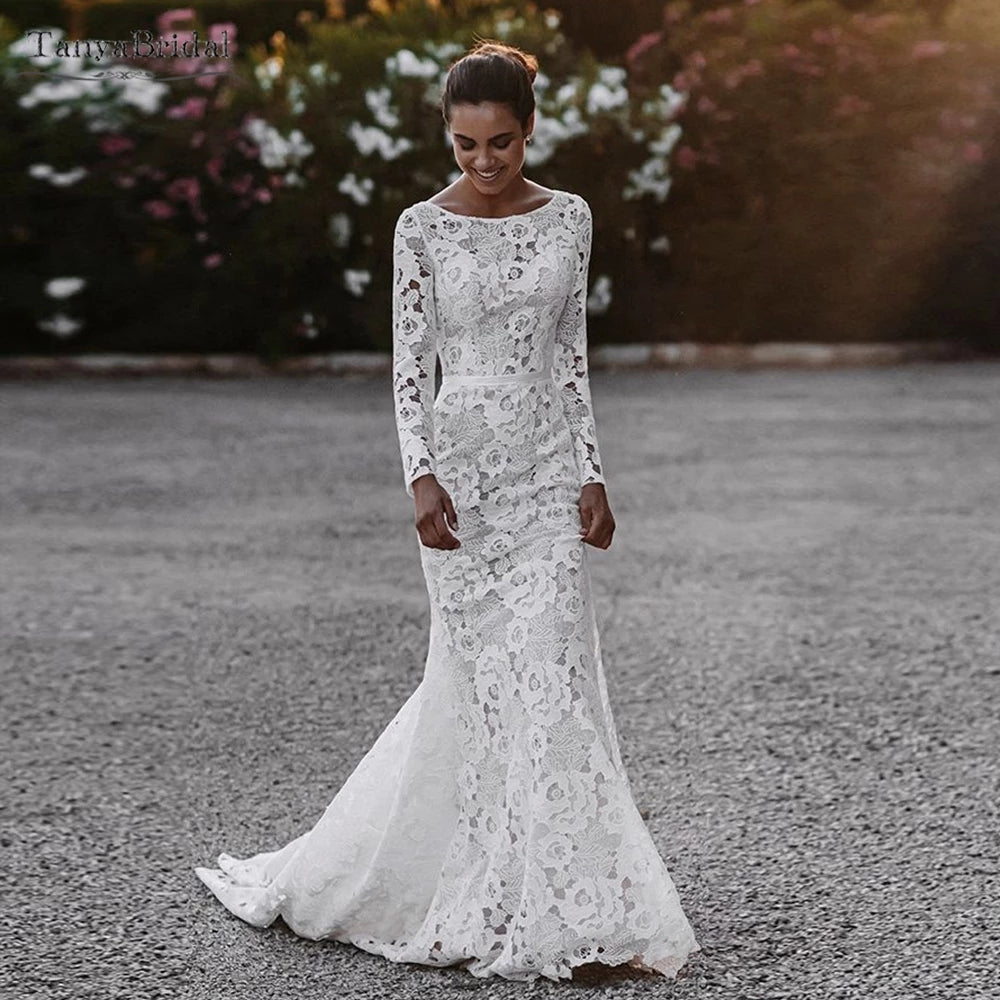 Long Sleeve Lace Wedding Dresses Mermaid Vestido De Noivas Chic DW624 –  TANYA BRIDAL