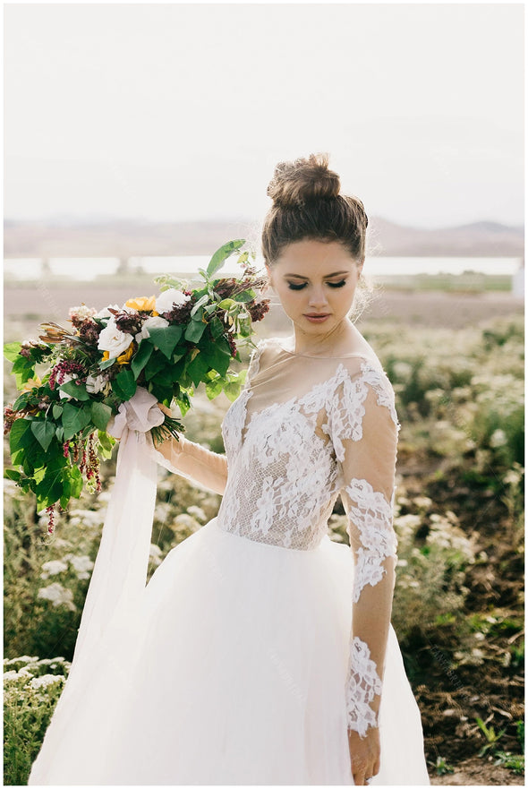 Long Sleeve Lace Wedding Dresses V-Neck ZW465